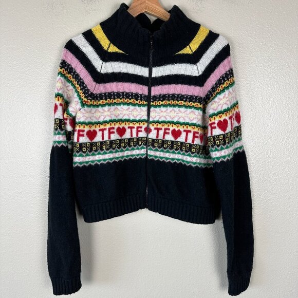 Teddy Fresh Women's Sweater Fair Isle Merino Wool Full Zip Black White Medium - Picture 3 of 6
